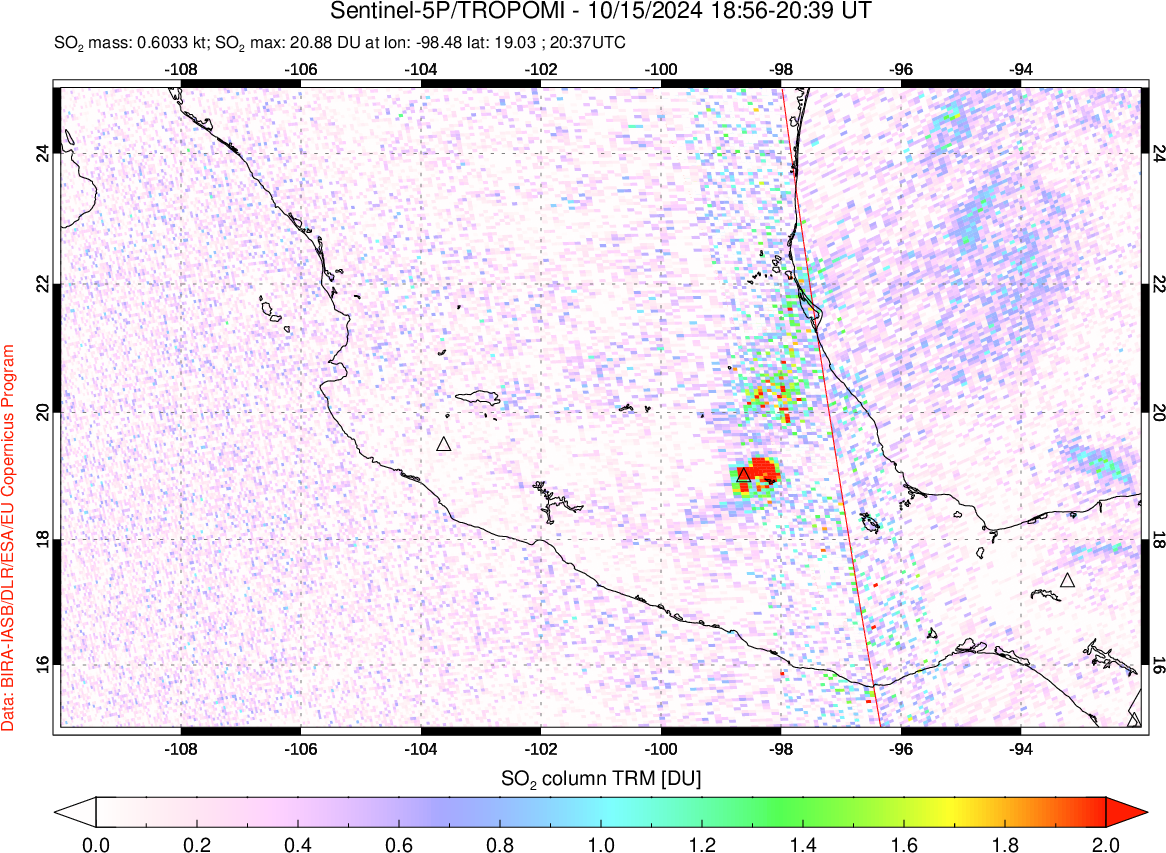 A sulfur dioxide image over Mexico on Oct 15, 2024.