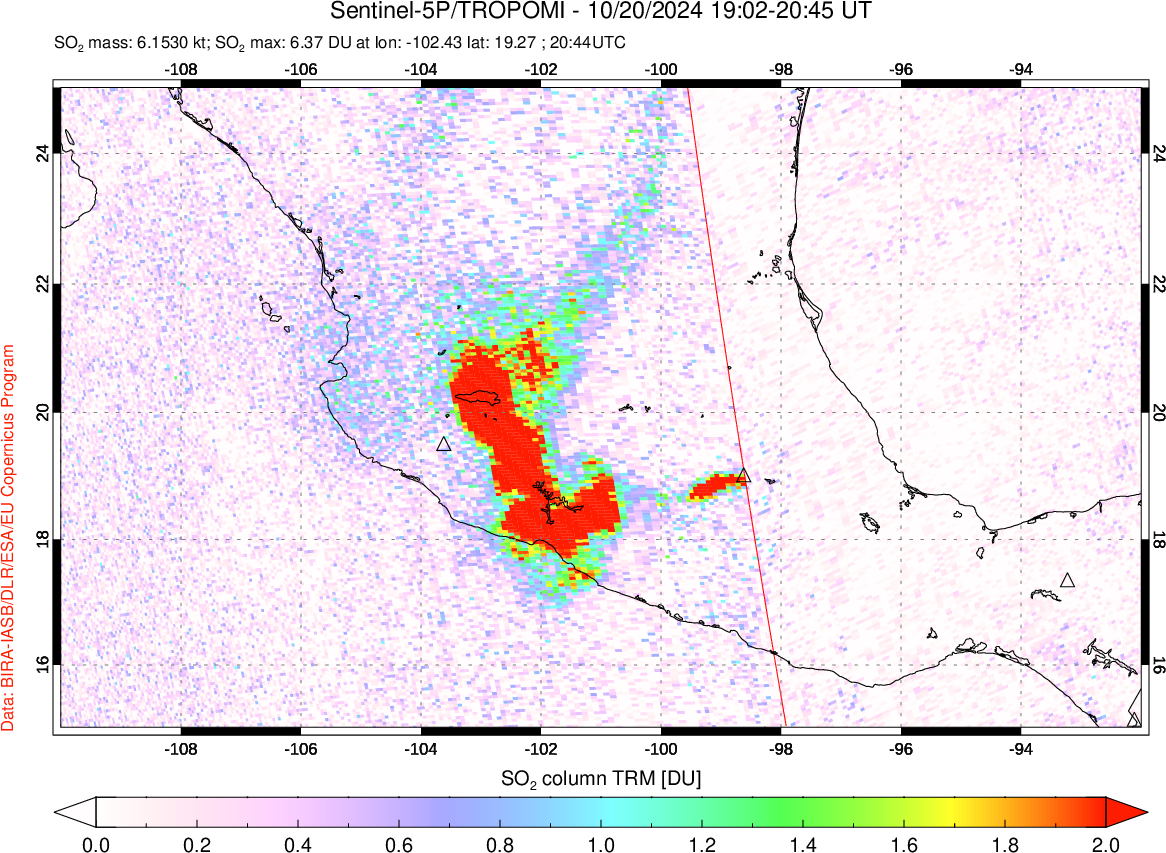 A sulfur dioxide image over Mexico on Oct 20, 2024.