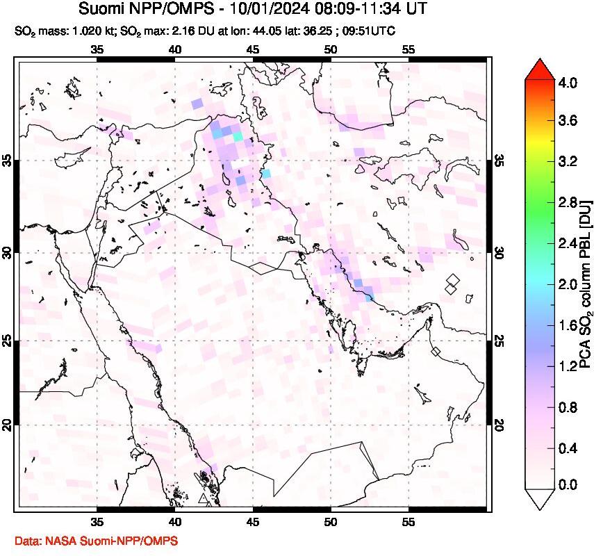 A sulfur dioxide image over Middle East on Oct 01, 2024.