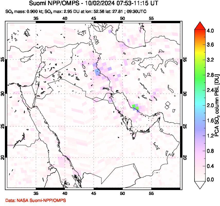 A sulfur dioxide image over Middle East on Oct 02, 2024.