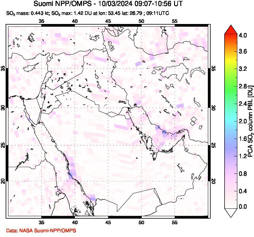 A sulfur dioxide image over Middle East on Oct 03, 2024.