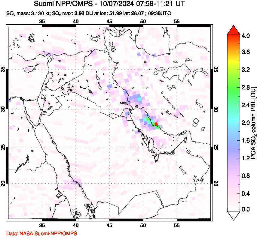 A sulfur dioxide image over Middle East on Oct 07, 2024.