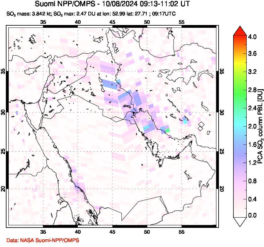 A sulfur dioxide image over Middle East on Oct 08, 2024.