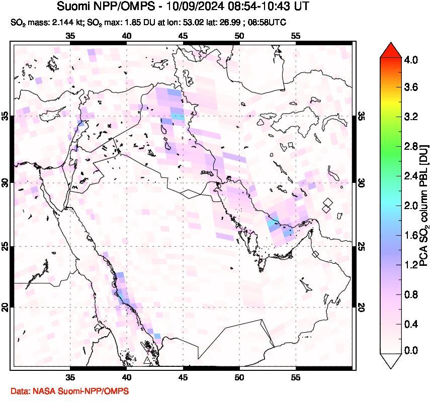 A sulfur dioxide image over Middle East on Oct 09, 2024.