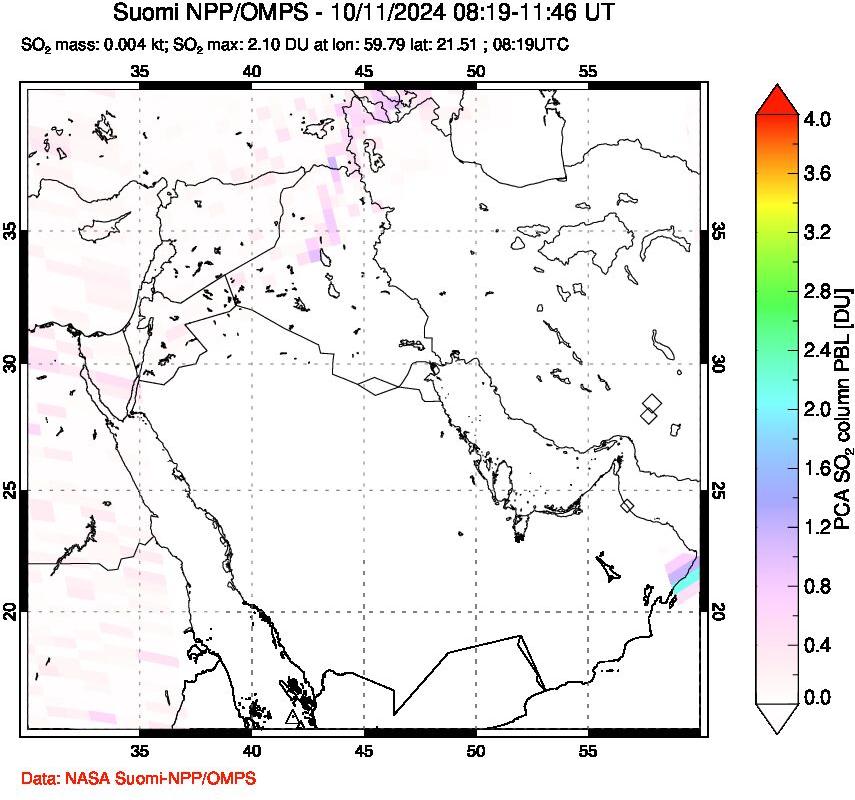 A sulfur dioxide image over Middle East on Oct 11, 2024.