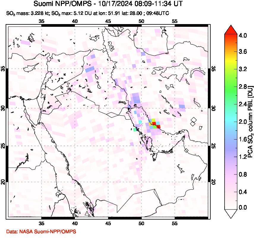 A sulfur dioxide image over Middle East on Oct 17, 2024.