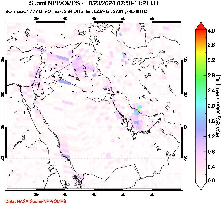 A sulfur dioxide image over Middle East on Oct 23, 2024.