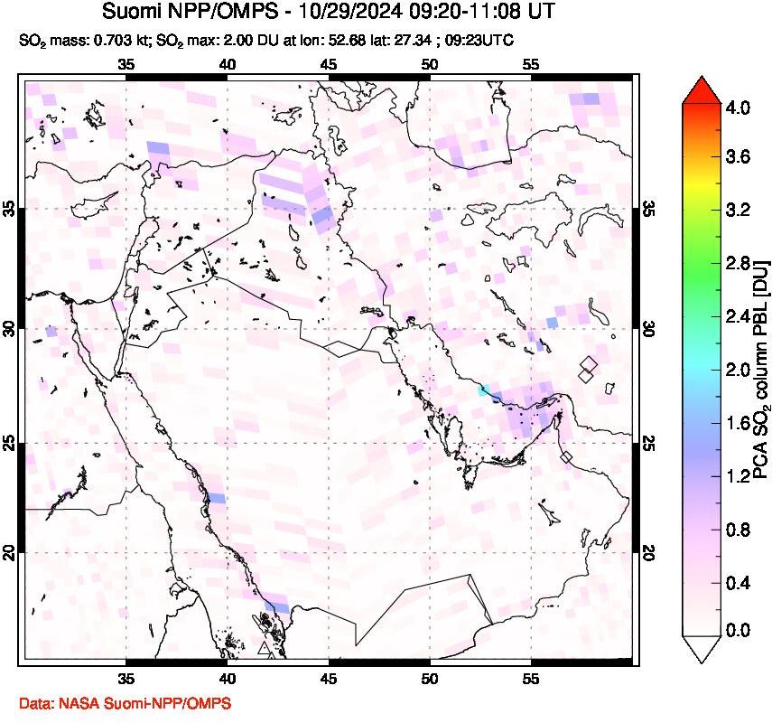 A sulfur dioxide image over Middle East on Oct 29, 2024.