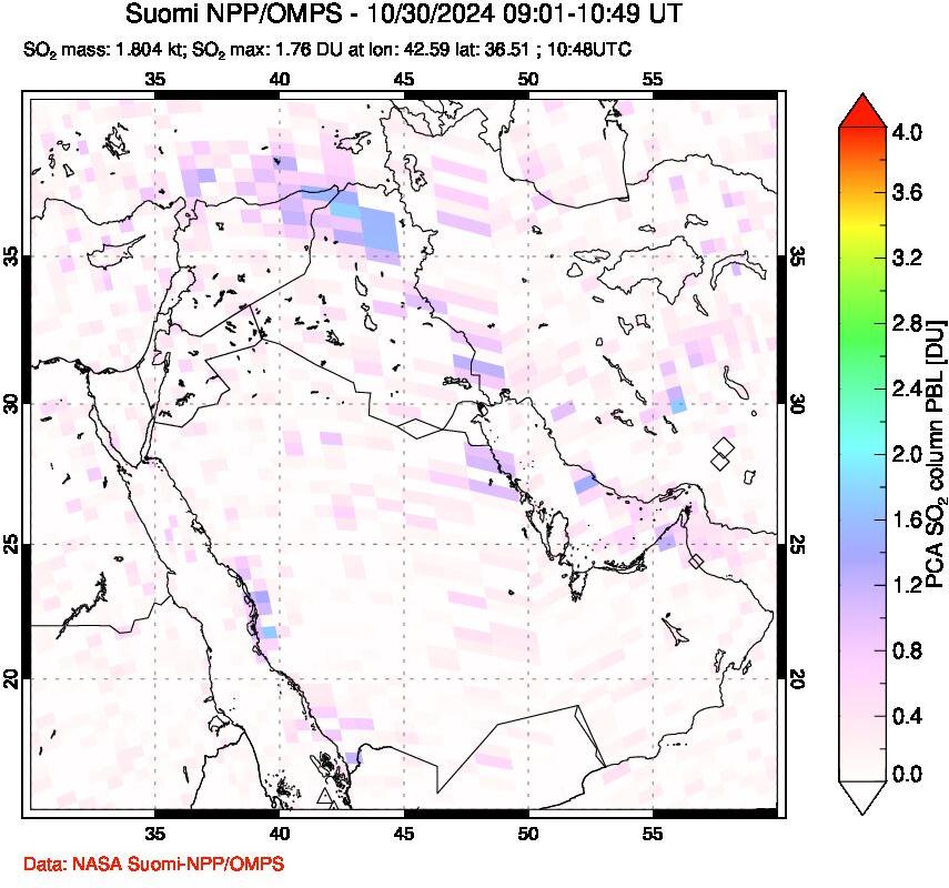 A sulfur dioxide image over Middle East on Oct 30, 2024.