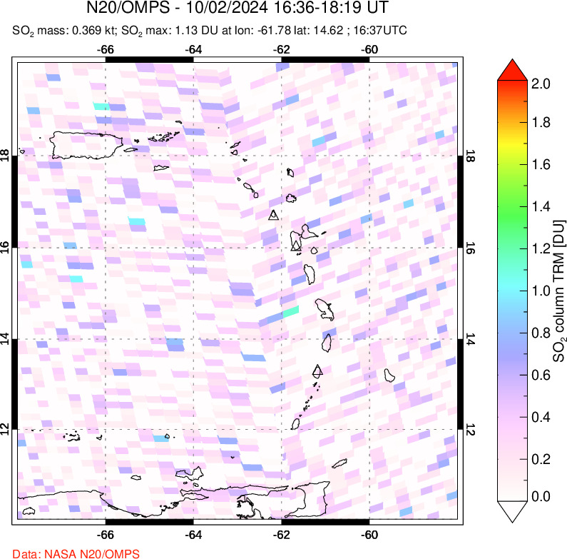 A sulfur dioxide image over Montserrat, West Indies on Oct 02, 2024.