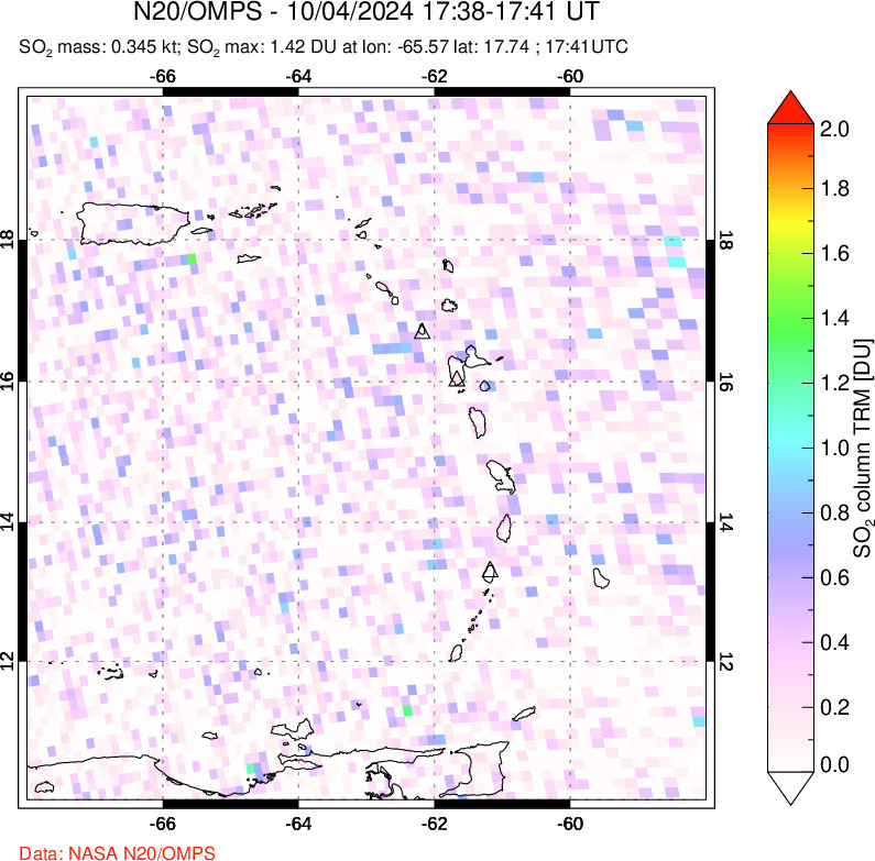 A sulfur dioxide image over Montserrat, West Indies on Oct 04, 2024.