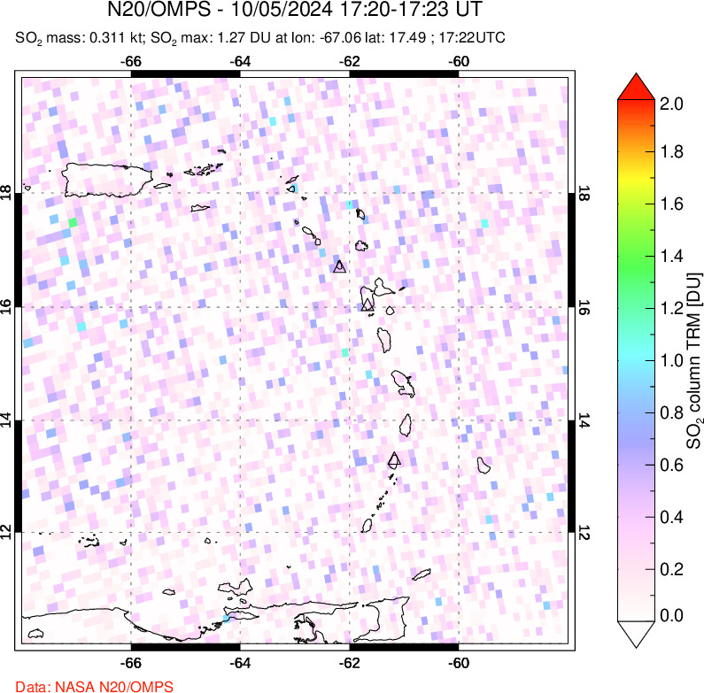 A sulfur dioxide image over Montserrat, West Indies on Oct 05, 2024.