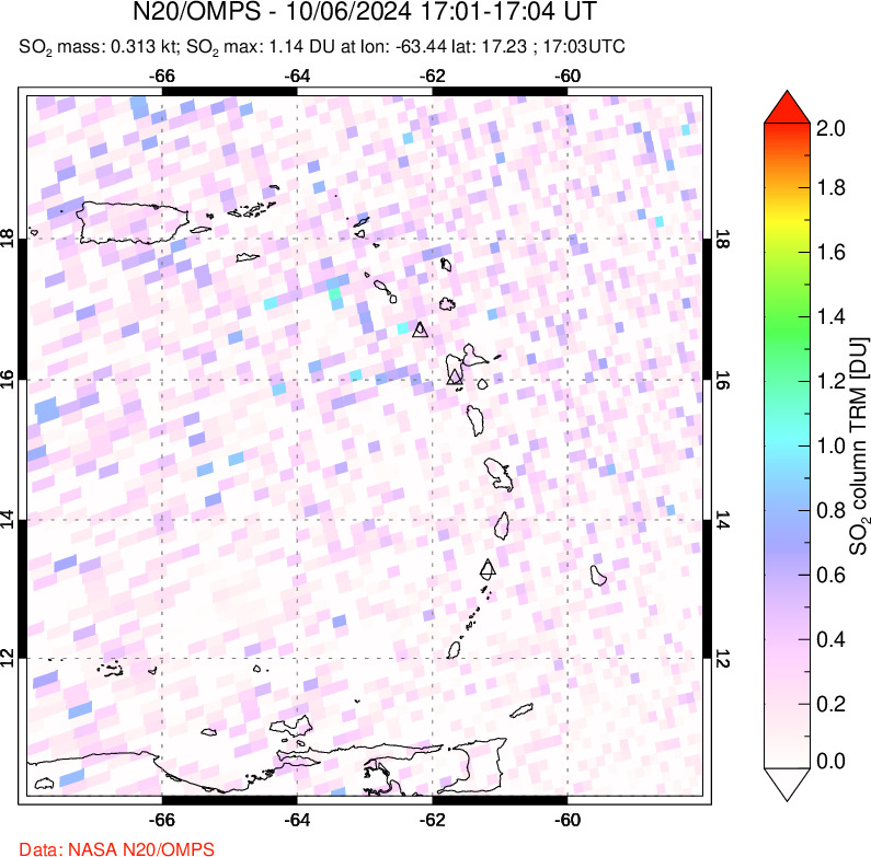 A sulfur dioxide image over Montserrat, West Indies on Oct 06, 2024.