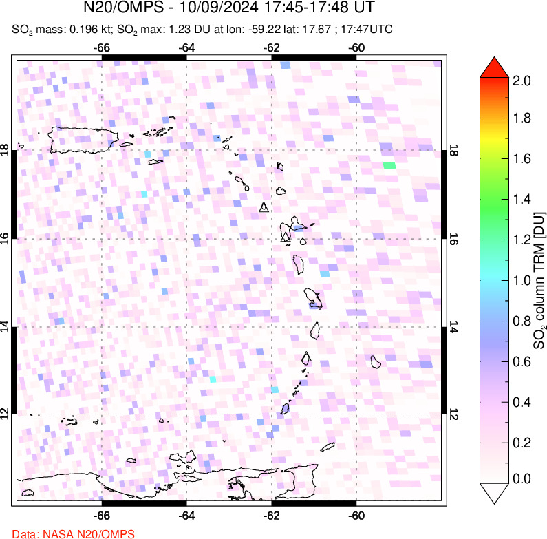 A sulfur dioxide image over Montserrat, West Indies on Oct 09, 2024.