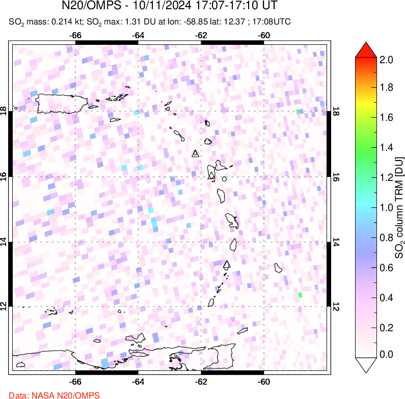 A sulfur dioxide image over Montserrat, West Indies on Oct 11, 2024.