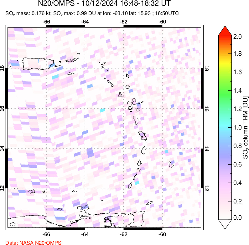 A sulfur dioxide image over Montserrat, West Indies on Oct 12, 2024.