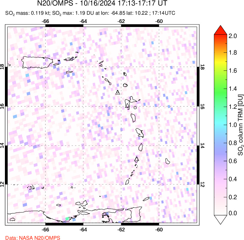 A sulfur dioxide image over Montserrat, West Indies on Oct 16, 2024.