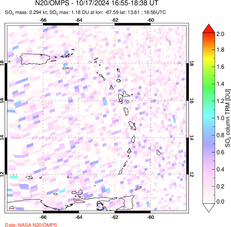 A sulfur dioxide image over Montserrat, West Indies on Oct 17, 2024.