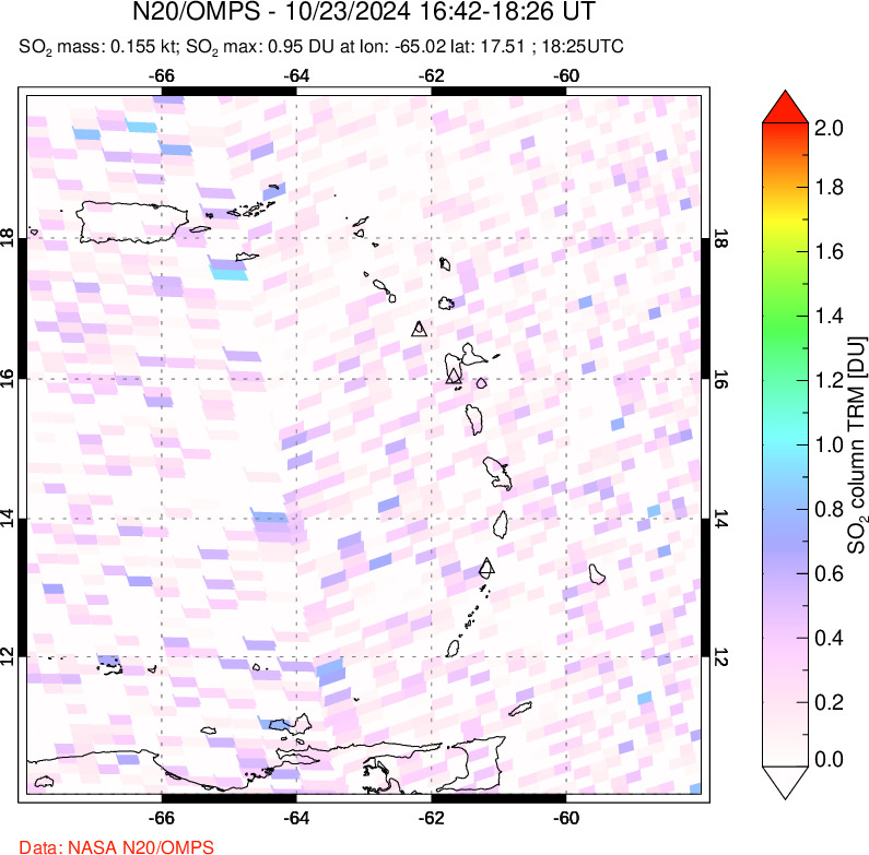 A sulfur dioxide image over Montserrat, West Indies on Oct 23, 2024.