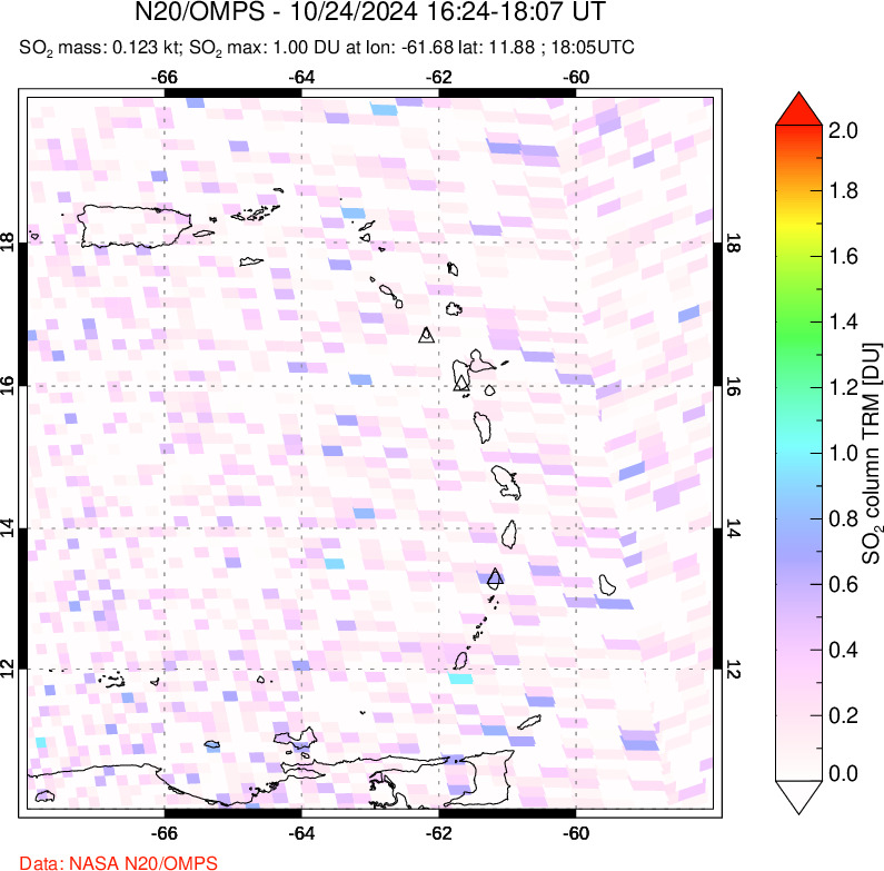 A sulfur dioxide image over Montserrat, West Indies on Oct 24, 2024.