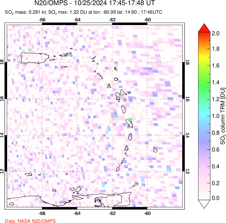 A sulfur dioxide image over Montserrat, West Indies on Oct 25, 2024.