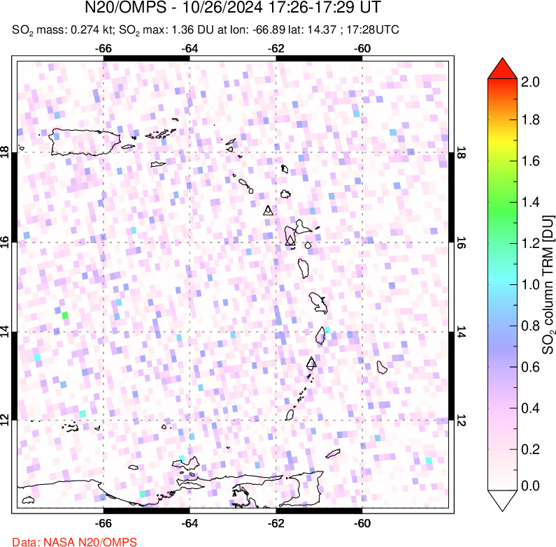 A sulfur dioxide image over Montserrat, West Indies on Oct 26, 2024.