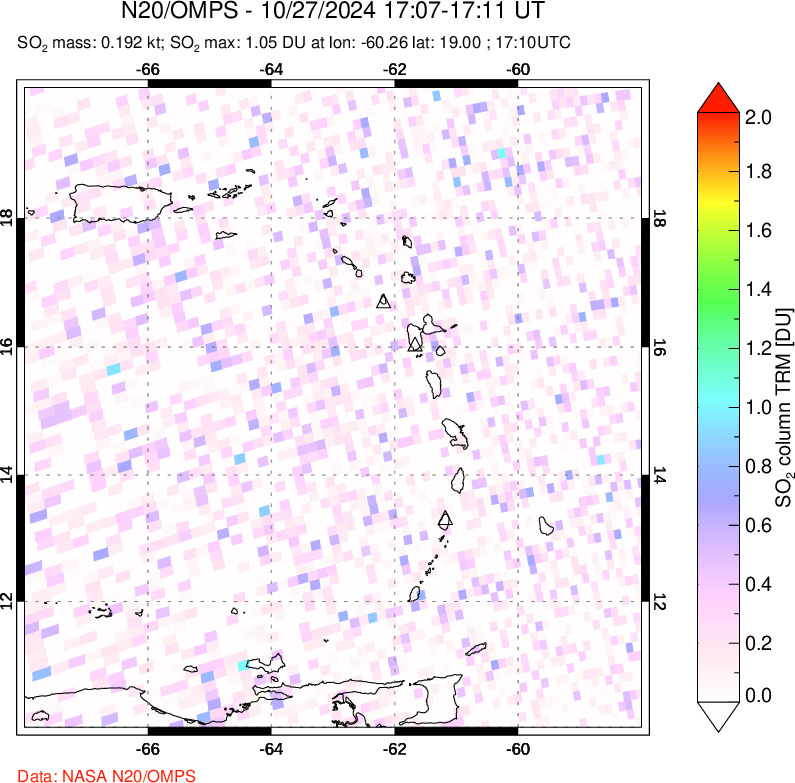 A sulfur dioxide image over Montserrat, West Indies on Oct 27, 2024.