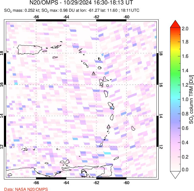 A sulfur dioxide image over Montserrat, West Indies on Oct 29, 2024.