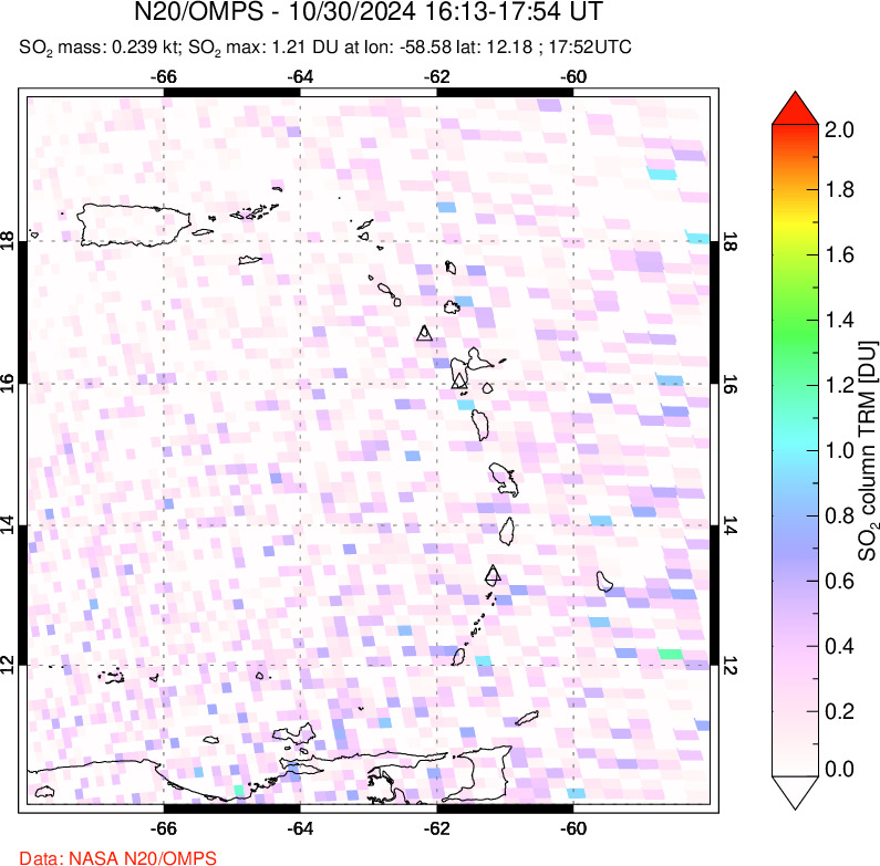 A sulfur dioxide image over Montserrat, West Indies on Oct 30, 2024.