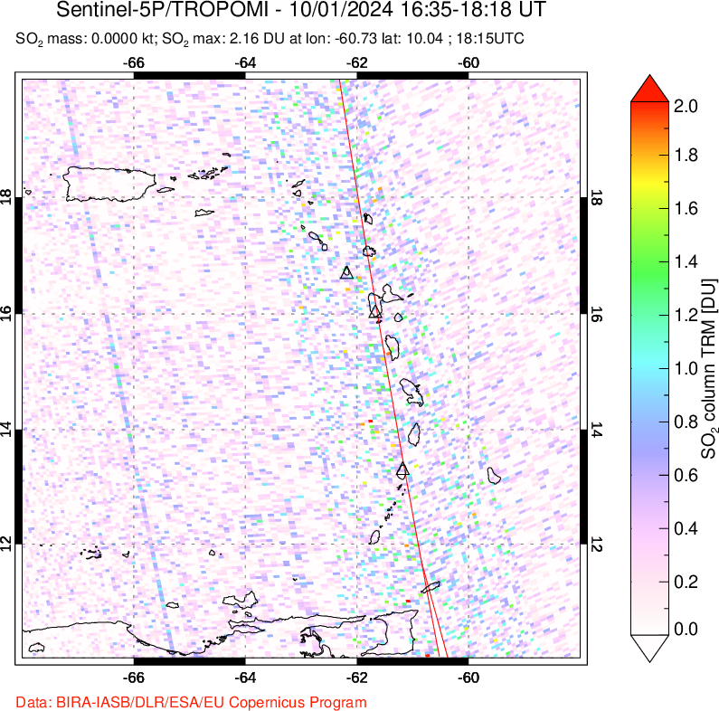 A sulfur dioxide image over Montserrat, West Indies on Oct 01, 2024.