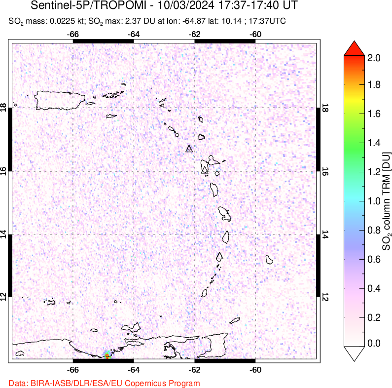 A sulfur dioxide image over Montserrat, West Indies on Oct 03, 2024.