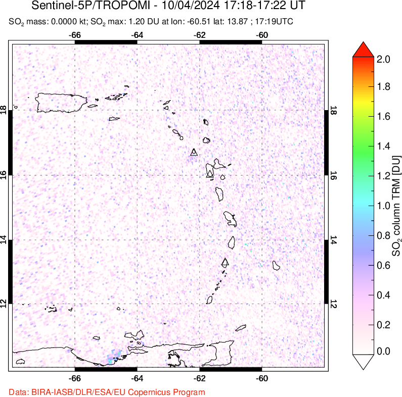 A sulfur dioxide image over Montserrat, West Indies on Oct 04, 2024.