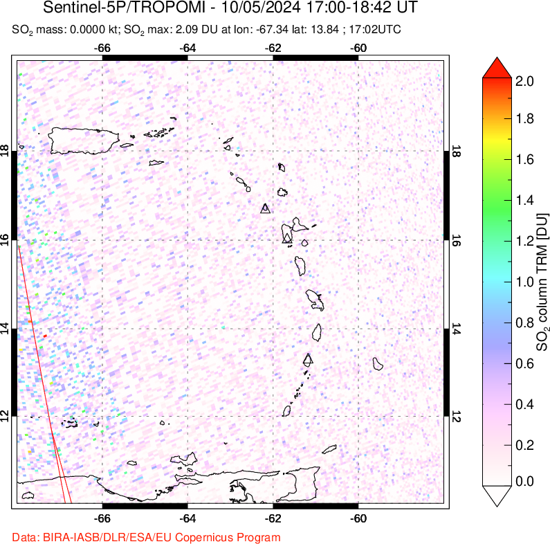 A sulfur dioxide image over Montserrat, West Indies on Oct 05, 2024.