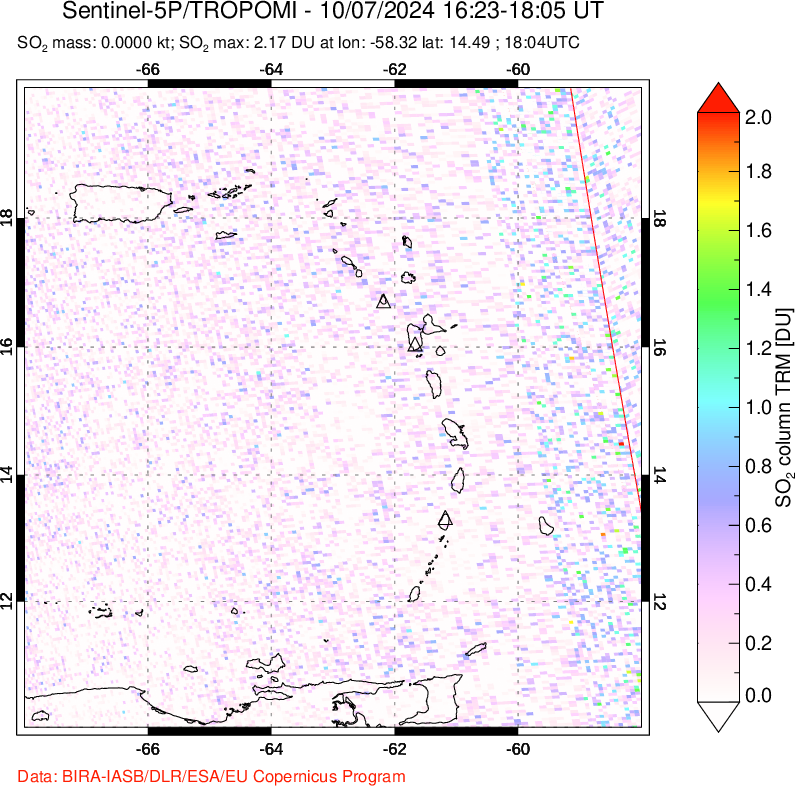 A sulfur dioxide image over Montserrat, West Indies on Oct 07, 2024.