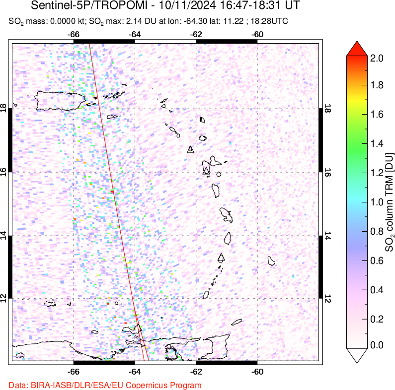 A sulfur dioxide image over Montserrat, West Indies on Oct 11, 2024.