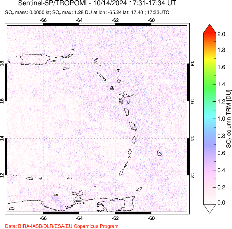 A sulfur dioxide image over Montserrat, West Indies on Oct 14, 2024.