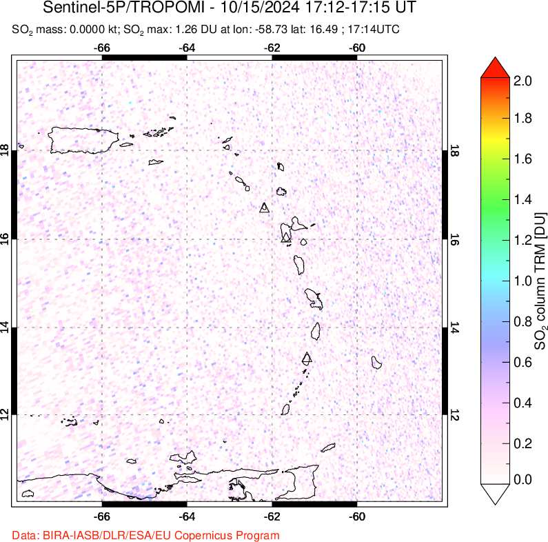 A sulfur dioxide image over Montserrat, West Indies on Oct 15, 2024.