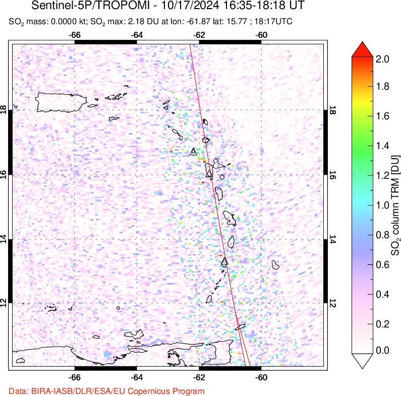 A sulfur dioxide image over Montserrat, West Indies on Oct 17, 2024.