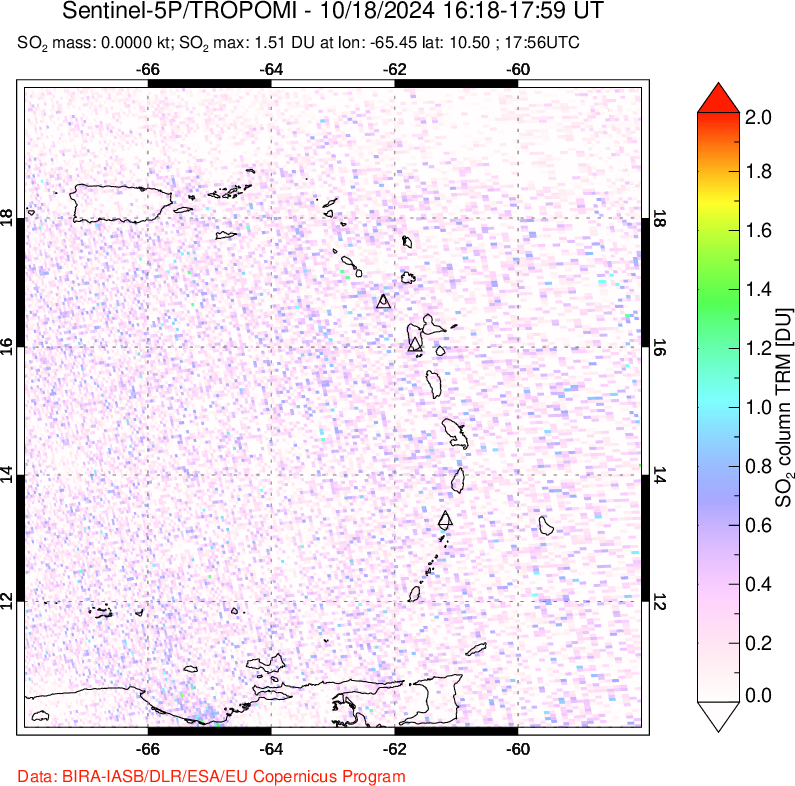 A sulfur dioxide image over Montserrat, West Indies on Oct 18, 2024.