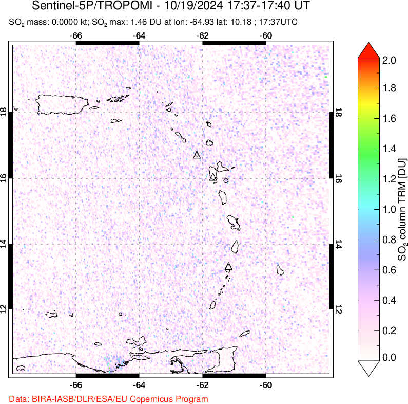 A sulfur dioxide image over Montserrat, West Indies on Oct 19, 2024.