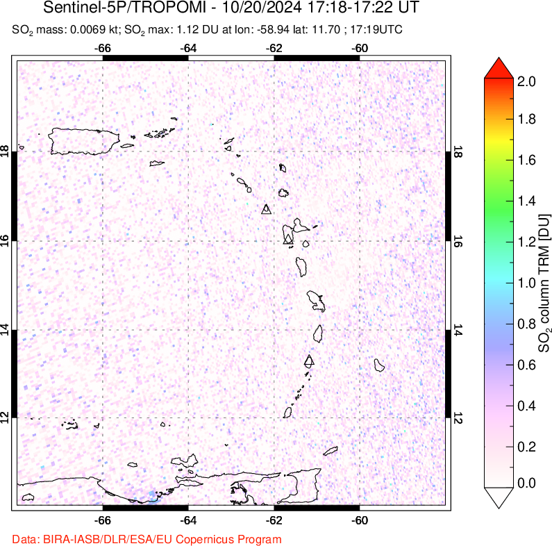 A sulfur dioxide image over Montserrat, West Indies on Oct 20, 2024.