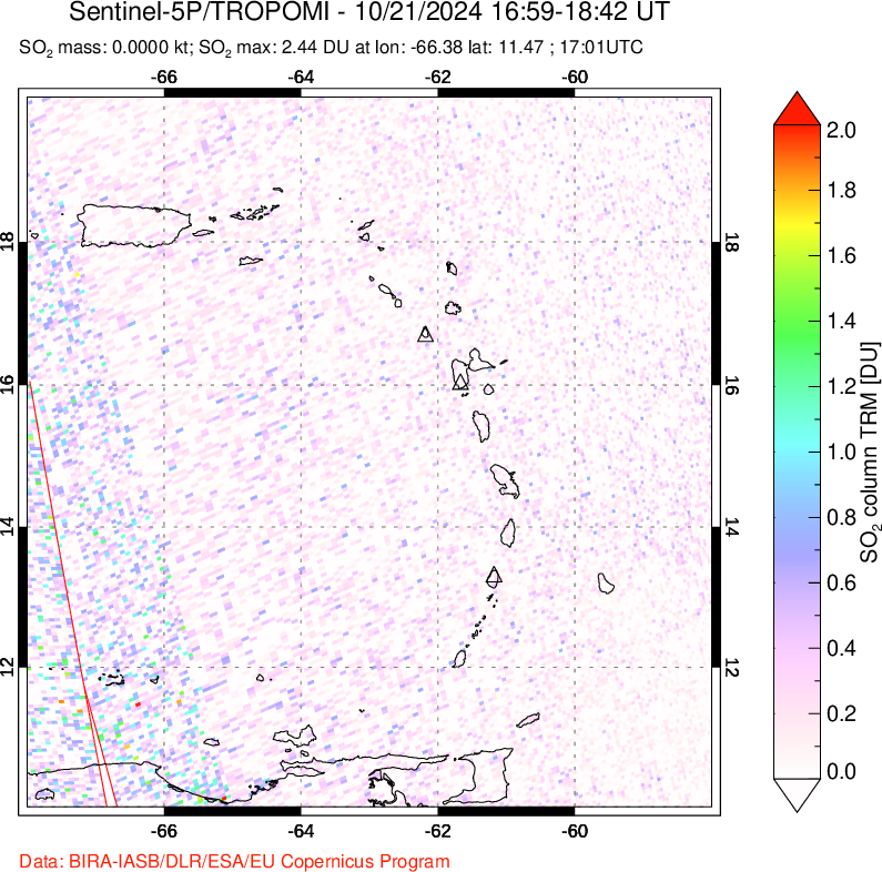 A sulfur dioxide image over Montserrat, West Indies on Oct 21, 2024.