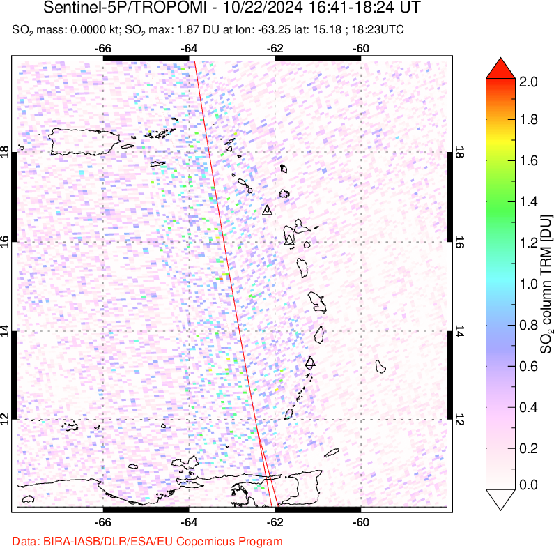 A sulfur dioxide image over Montserrat, West Indies on Oct 22, 2024.