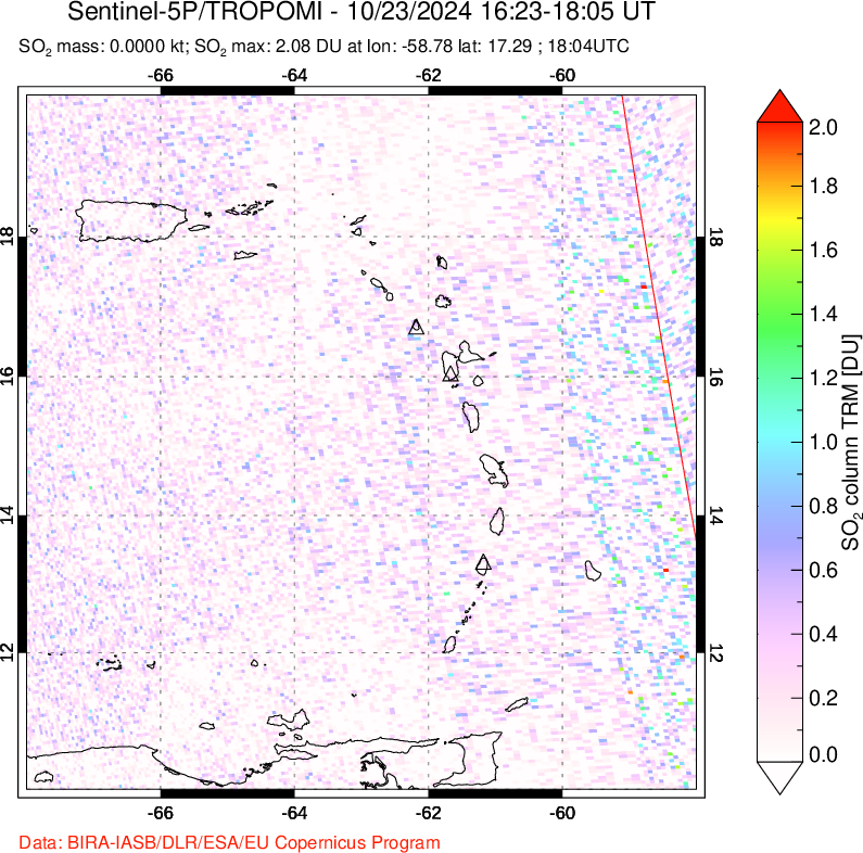 A sulfur dioxide image over Montserrat, West Indies on Oct 23, 2024.