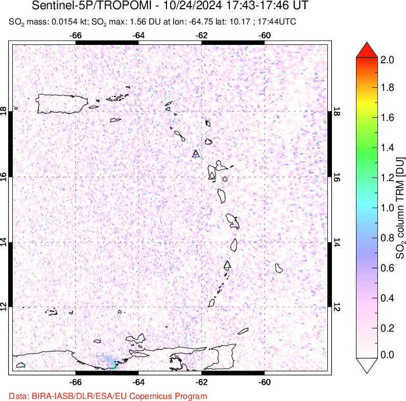 A sulfur dioxide image over Montserrat, West Indies on Oct 24, 2024.