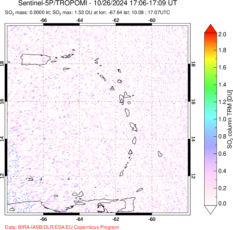 A sulfur dioxide image over Montserrat, West Indies on Oct 26, 2024.