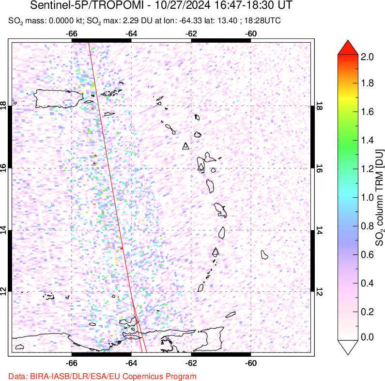 A sulfur dioxide image over Montserrat, West Indies on Oct 27, 2024.