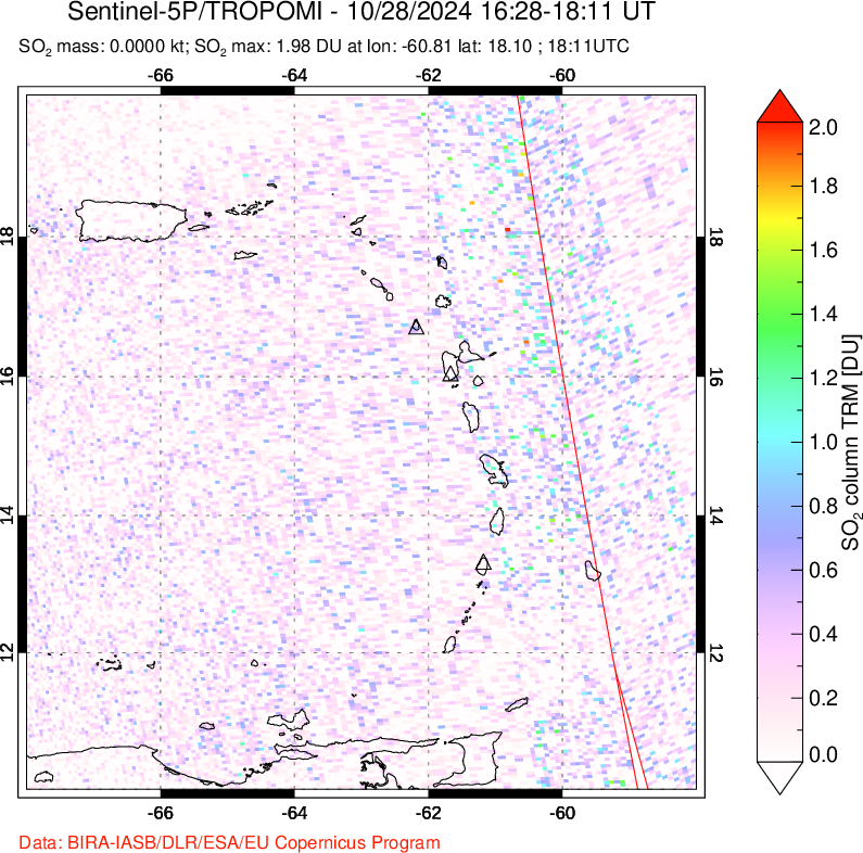 A sulfur dioxide image over Montserrat, West Indies on Oct 28, 2024.