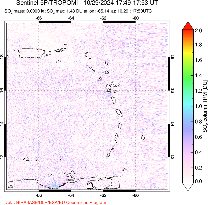 A sulfur dioxide image over Montserrat, West Indies on Oct 29, 2024.