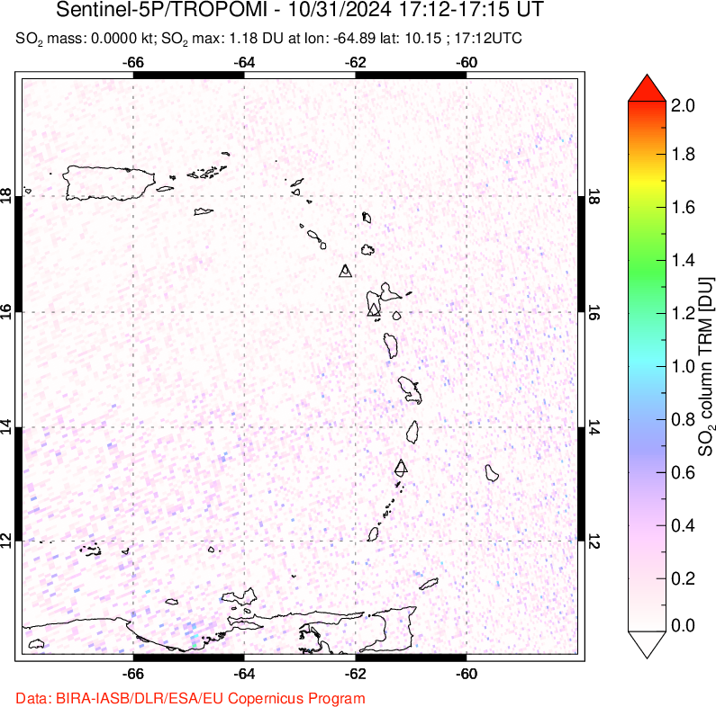 A sulfur dioxide image over Montserrat, West Indies on Oct 31, 2024.